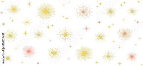 Abstract background with a scattering of colorful, shimmering starbursts and glittery sparkles, evoking a sense of wonder and celebration