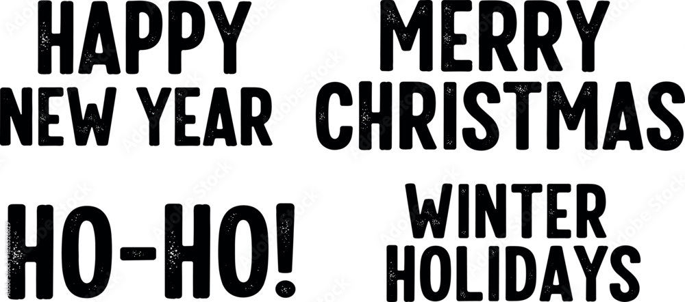 Obraz premium Collection of festive typographic greetings for winter holidays, featuring bold black lettering for Merry Christmas and Happy New Year on a white background