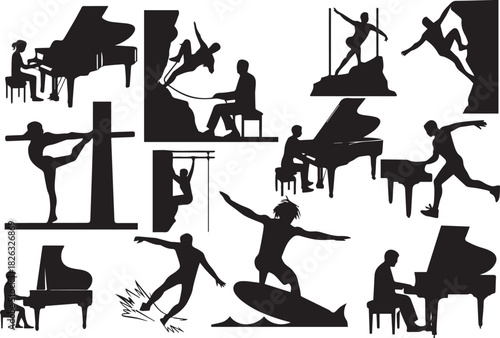 Silhouette vector illustration of a man and dog sitting at a cafe table with a woman and black cat