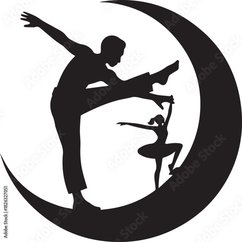 Black silhouette vector illustration of a man with a guitar and gun in a Japanese calligraphy kanji style featuring an action jump