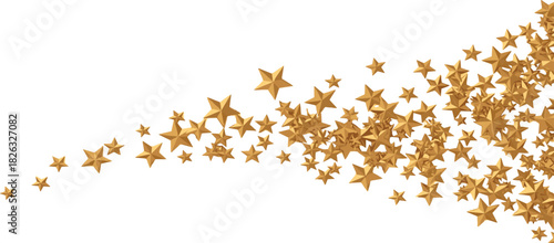 Dynamic wave of three-dimensional golden stars cascading across an isolated white background, symbolizing achievement, celebration, and excellence