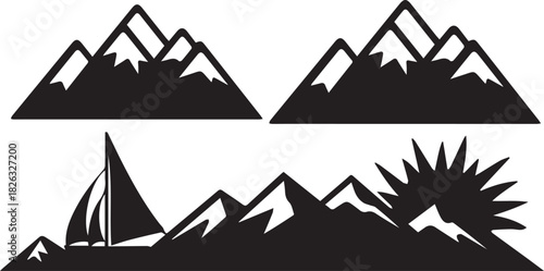 Vector set of mountain icons with silhouette construction and cargo ship illustration