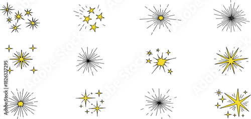 A versatile collection of hand-drawn sparkle, star, and shine burst icons in a simple doodle style, perfect for adding a touch of magic and celebration to any design