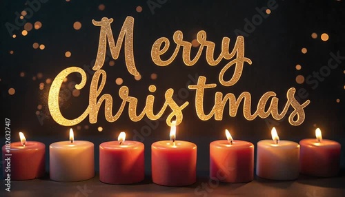 Merry Christmas glitter calligraphy forming mid-air above candles 