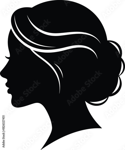 Elegant black silhouette of a womans head in profile with a sophisticated updo hairstyle, isolated on