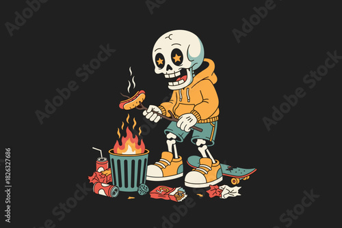 Skeleton character grilling hot dog on a barbecue.