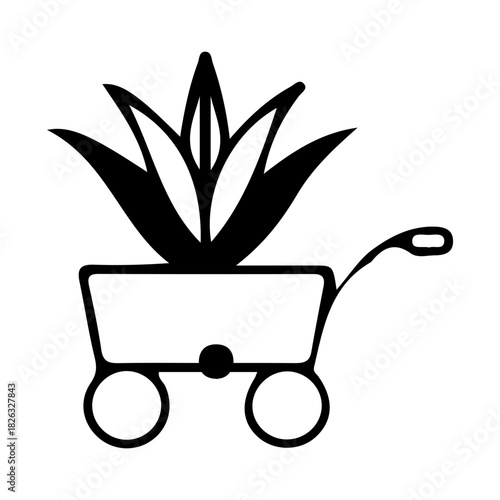 Minimalist Garden Wagon with Succulent Plant Icon - Black and White Vector Silhouette for Nursery, Agriculture, and Eco Delivery Concepts