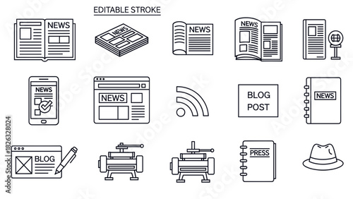 A collection of line art icons depicting various forms of news and media, including newspapers, websites, and blog posts.