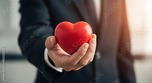 Expressing care and compassion, a person in a suit offers a red heart as a symbol of love, kindness, and support in a professional setting