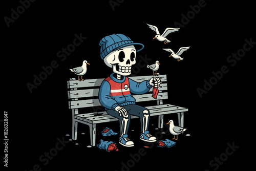 Skeleton sitting on a park bench feeding seagulls.
