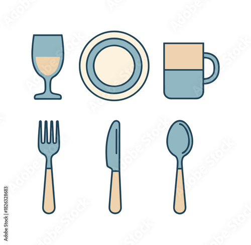 Dining table setup with dinnerware and cutlery icons