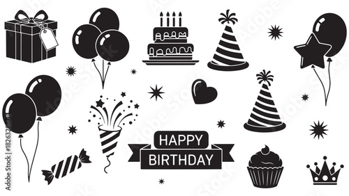 Comprehensive set of black silhouette birthday party icons featuring balloons cake gifts and festive hats, isolated vector celebration elements for event design