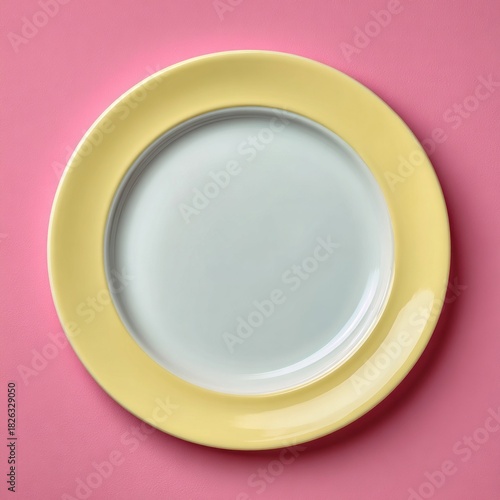 Plain classic round white plate on simple solid color background, empty dish concept photo, top view, no food, Ideal for tableware, simplicity, modern design, or food styling illustrations