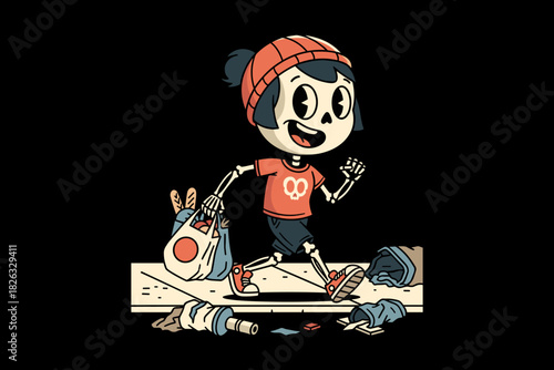 Cartoon Skeleton Girl Walking with Groceries and Trash.