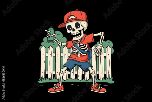 Cartoon Skeleton Rapper Spray Painting a Fence.