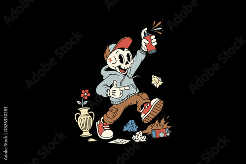 Skeleton character with spray can and graffiti art elements.