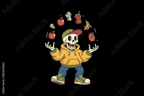 Skeleton Juggling Fruits and Vegetables with a Casual Style.