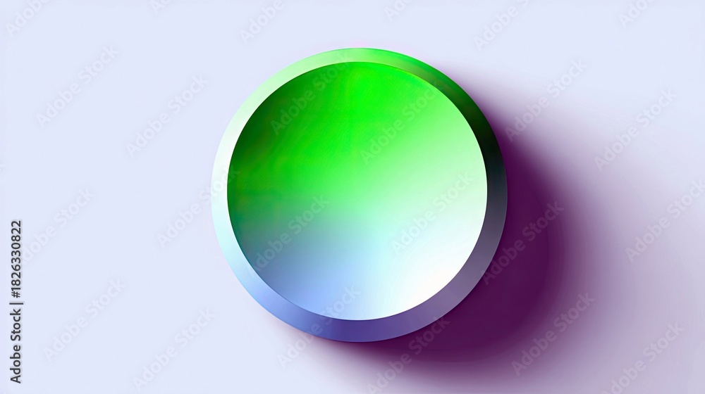 Obraz premium A single, smooth, green sphere with a gradient of light blue and purple hues, casting a soft shadow on a plain, light purple background. The lighting is subtle