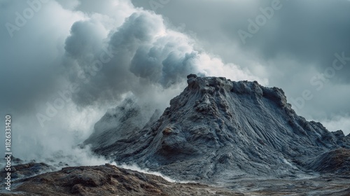 A stark, dramatic landscape. An ashy, rocky peak vents voluminous, dark steam and clouds under a brooding sky