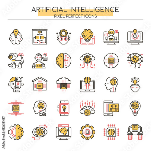 Artificial Intelligence Line Icons – Modern Tech, Neural Network, Machine Learning Illustration Set