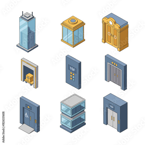 Isometric elevators modern lift system icon set