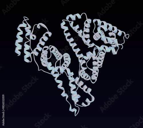 Albumin protein molecule. Human serum albumin (HSA) 3D ribbon cartoon structural model on dark background. 3D rendering. Illustration