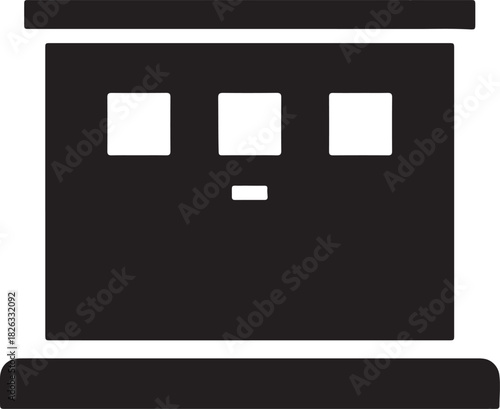 Stylized black silhouette of a three windowed building or booth isolated on transparent background
