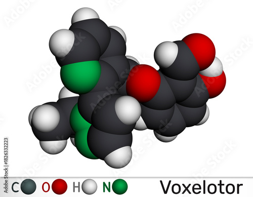 Voxelotor molecule, haemoglobin modifier. Drug used for the treatment of sickle cell disease. Molecular model. 3D rendering. Illustration
