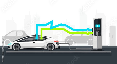 Electric car charging at a futuristic station with energy lines illuminating a city street.