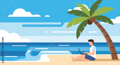 A young man working on a laptop while sitting on a sandy tropical beach by the ocean under a palm tree.
