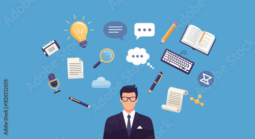 Illustration of a man surrounded by symbols of creativity and knowledge.
