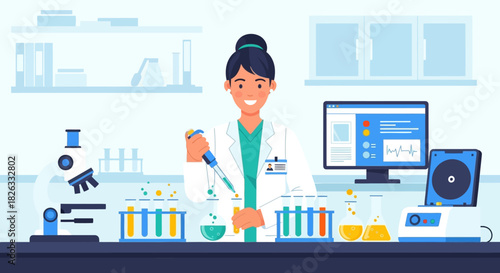 Female scientist conducting experiments in a modern laboratory with various scientific equipment.