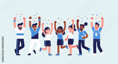 Diverse group of happy people jumping and cheering in celebration with confetti falling around them.