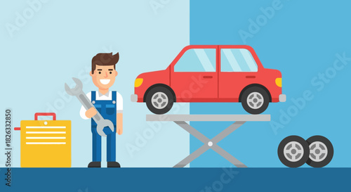 Cartoon illustration of a mechanic with a car on a lift.
