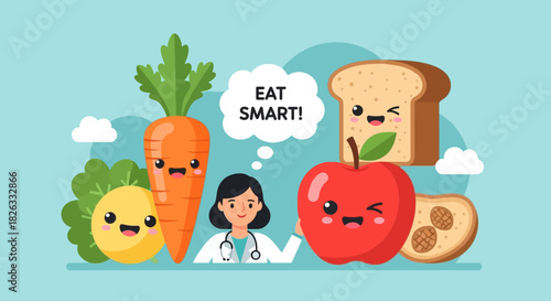 Cute cartoon doctor promoting healthy eating with smiling fruits, vegetables, and bread, encouraging smart food choices.