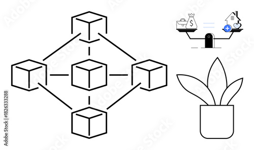 Blockchain diagram. Blockchain showing decentralized network structure and connections. Blockchain technology aids data security, cryptocurrency, and financial transactions. For tech, finance