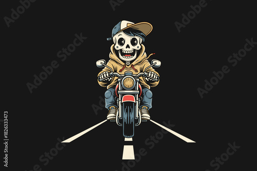 Skeleton character riding a motorcycle with a cool vibe.