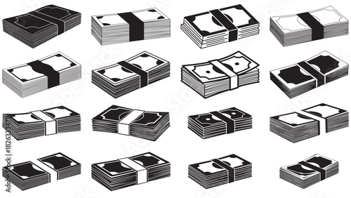 Minimal paper currency stack with strap — banded banknote bundle line-art icon for cash handling, deposit and checkout visuals