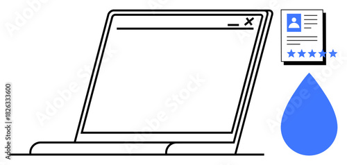 Laptop screen design beside a document showcasing user ratings and a blue droplet element. Ideal for web technology, digital feedback, online profiles, user experience, ratings, document sharing