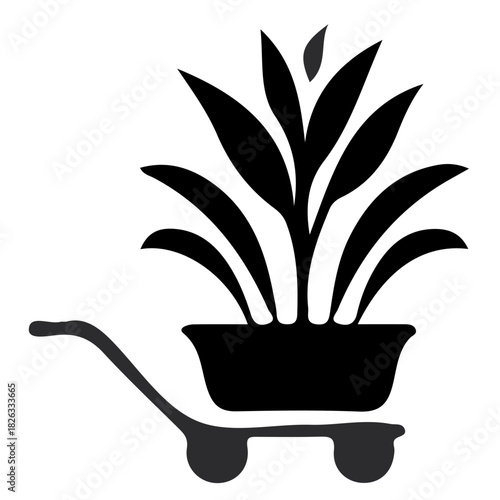 Potted Plant on Garden Cart Silhouette Icon - Minimalist Black and White Vector for Nursery, Landscaping, and Eco Delivery Concepts