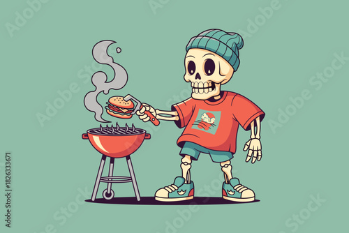Skeleton character grilling food on a barbecue.