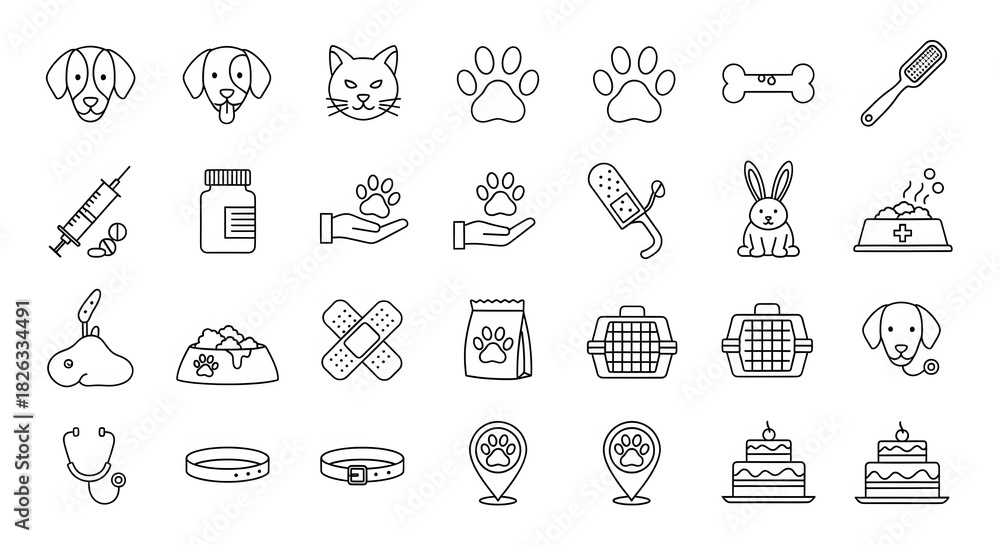 Fototapeta premium Pet care line icons veterinary clinic symbols vector illustration for web and mobile design isolated
