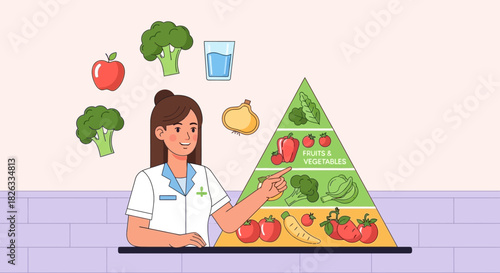 Illustration of a nutritionist explaining the food pyramid, promoting healthy eating habits and balanced diet.