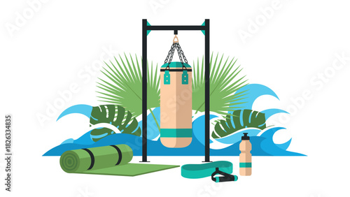 Fitness retreat essentials with punching bag and waves for wellness design