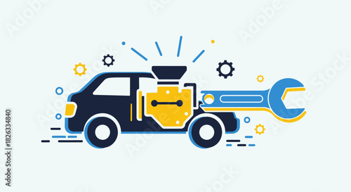 Conceptual illustration of an automotive repair service with a truck, engine, and wrench.