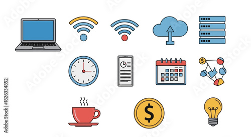 A collection of flat design icons representing modern business, technology, and office concepts.