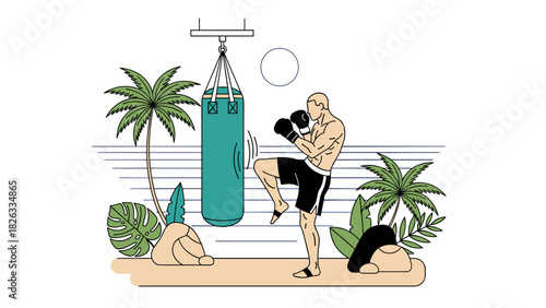 Tropical outdoor boxing training by the beach with nature elements for fitness enthusiasts