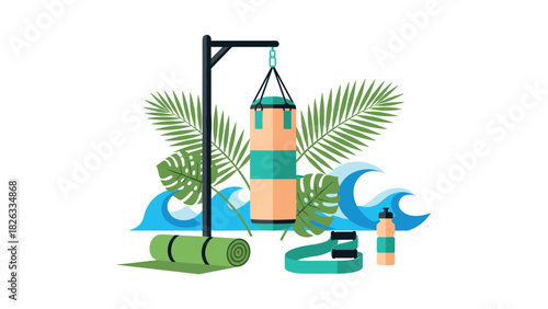 Boxing and fitness equipment on tropical beach with ocean waves and palm leaves for wellness design
