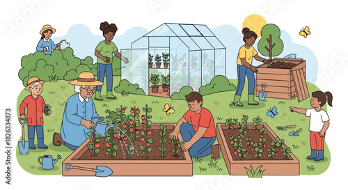 A diverse group of people of all ages gardening together in a vibrant community garden with raised beds, a greenhouse, and compost bin.