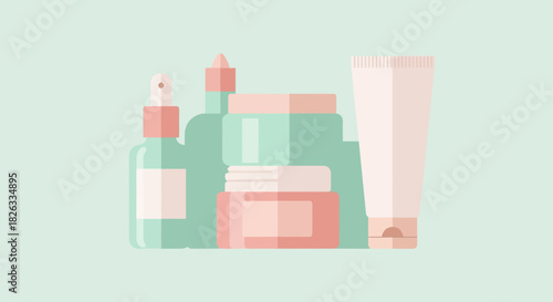 Illustration of various skincare and cosmetic products in pastel colors.